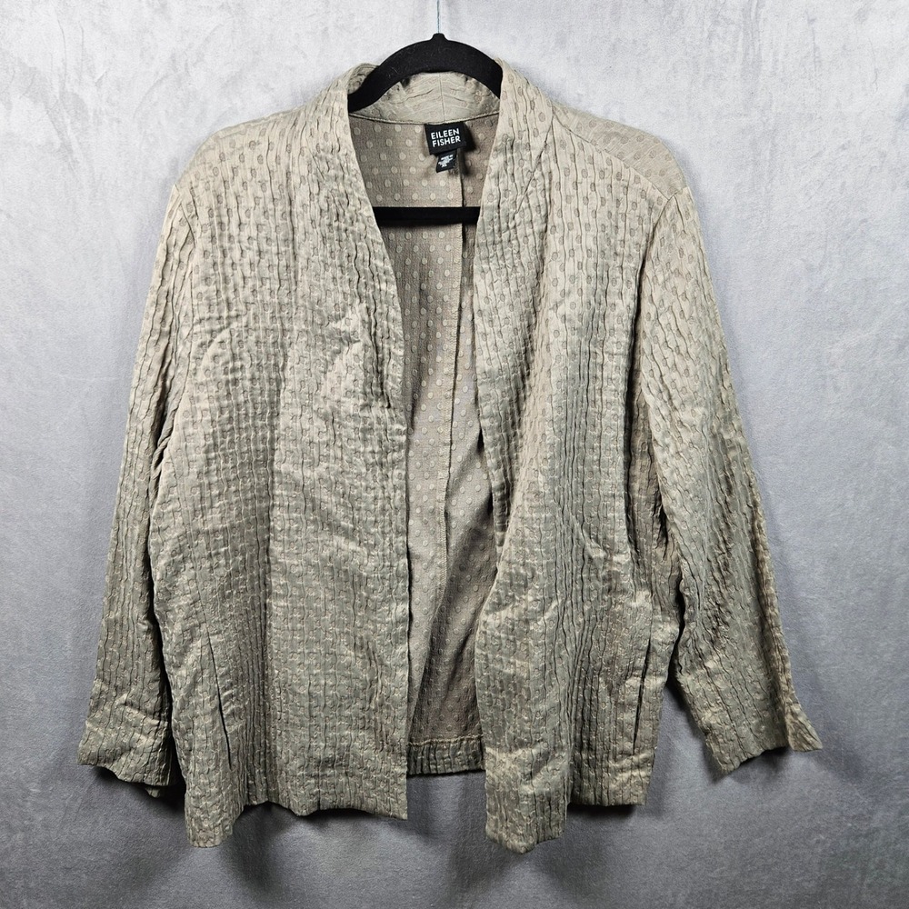 Eileen Fisher Open Front Jacket Womens XL Taupe Wool Silk Blend Crinkle Dot